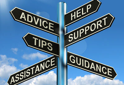 A sign post holding multiple signs with the words - Advice, Help, Tips, Support, Assistance, and Guidance.